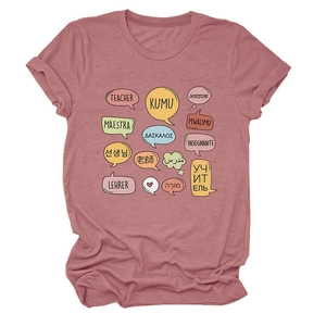 Detail of dusty rose crew neck t-shirt with multi-language teacher graphics