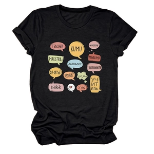 Close-up of colorful teacher typography print on a premium black cotton crewneck t-shirt