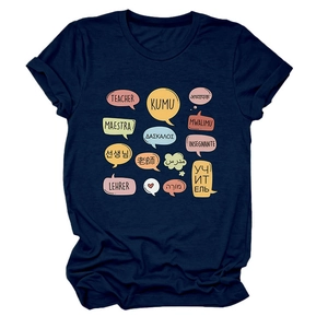 Close-up of navy blue cotton T-shirt featuring multi-language teacher typography design