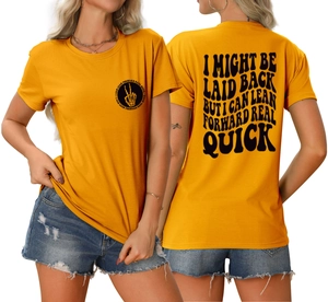Front and back view of yellow graphic T-shirt with black circular print and back lettering