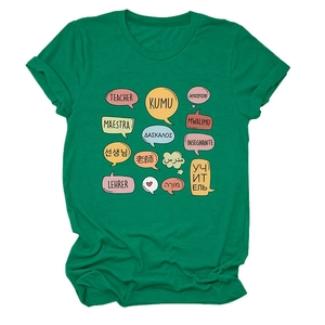 Macro detail of breathable cotton teacher t-shirt with multi-language graphic print