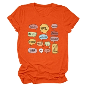 Macro detail of teacher graphic on orange round neck tee with multilingual print