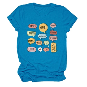 Detail shot of bright blue teacher T-shirt with multilingual speech bubble prints