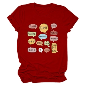 Detail of red cotton T-shirt featuring multi-language teacher speech bubbles print