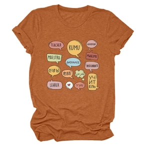 Detail of rust red teacher t-shirt showing multilingual prints and cuffed sleeves