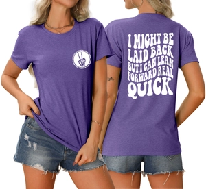 Front and back detail of purple round neck T-shirt with white skeleton graphic print
