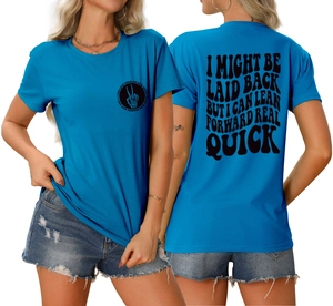 Front and back view of blue crewneck T-shirt with skull graphic and back text print