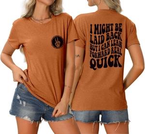 Detail of burnt orange t-shirt featuring vintage text prints on front and back views
