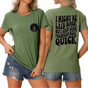 Front and back view of moss green crewneck T-shirt with graphic print and letter art