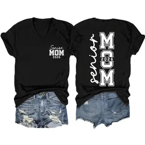 T-Shirt Femmes Col V Senior MOM 2026 Imprimé Manches Courtes Décontracté Ample Mélange Coton Haut Graphique Streetwear