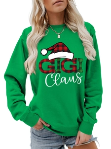 Λεπτομέρεια εκτύπωσης Gigi Claus και καρό σκούφου σε πράσινη χριστουγεννιάτικη μπλούζα