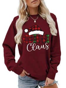 Λεπτομέρεια χριστουγεννιάτικου τύπωμα GIGI Claus σε μπορντό φούτερ με ριμπ μανσέτες
