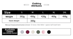 Size chart for thick women's hoodie showing weights from S to 2XL and fabric density