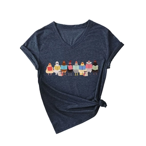 T-shirt col en V gris foncé pour femme avec huit poules drôles lisant des livres
