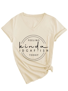 Close-up of V-neck beige T-shirt with IDGAF print and stylish knotted hem detail