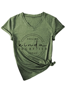 Detail of green V-neck T-shirt with side knot and Feeling kinda IDGAF-ISH TODAY print