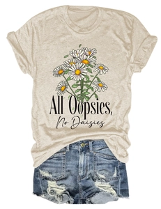 Flat lay of women's t-shirt with All Oopsies No Daisies print and denim shorts