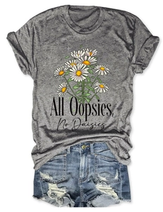 Close-up of All Oopsies No Daisies floral print on heather grey cotton T-shirt