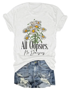 Detailed view of white cotton T-shirt featuring All Oopsies No Daisies daisy print