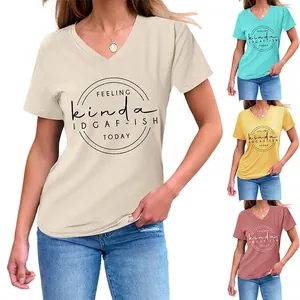 Women V Neck T-Shirt Short Sleeve Cotton Blend Casual Loose Summer Top Letter Print Slogan Feeling Kinda Idgaf-Ish Today