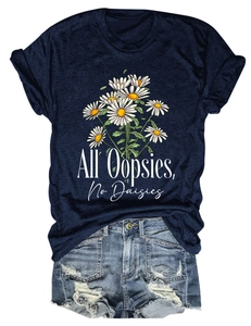 Detail of navy cotton T-shirt with All Oopsies No Daisies print and distressed denim shorts