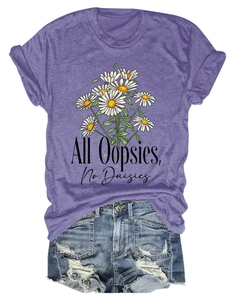 Detail of purple heathered t-shirt with daisy print and distressed denim shorts set