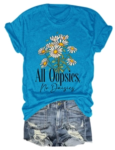Detail of blue T-shirt featuring All Oopsies No Daisies print and daisy graphics