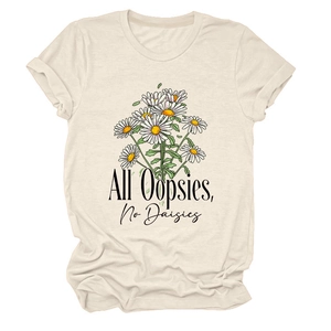 Detail of floral print All Oopsies No Daisies on cream cotton short sleeve t-shirt