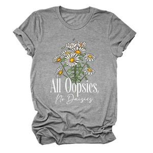 Detail of All Oopsies No Daisies print and daisy graphic on dark grey cotton t-shirt