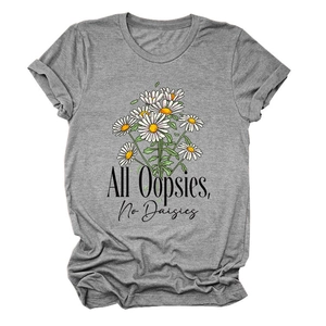 Flat lay of gray cotton T-shirt with daisy flowers and All Oopsies No Daisies print