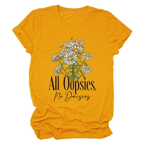 Detail of ginger yellow t-shirt with All Oopsies No Daisies daisy flower print text