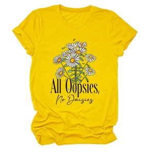 Flat lay of yellow cotton T-shirt with daisy pattern and All Oopsies No Daisies print