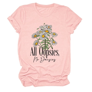 Detail of pink cotton T-shirt featuring All Oopsies No Daisies daisy graphic print