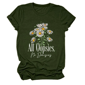 Detail of the daisy bouquet print and white lettered slogan on dark green t-shirt