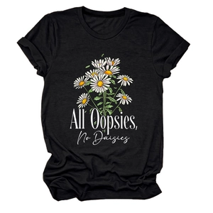 Detail of 'All Oopsies No Daisies' slogan and daisy print on black cotton T-shirt
