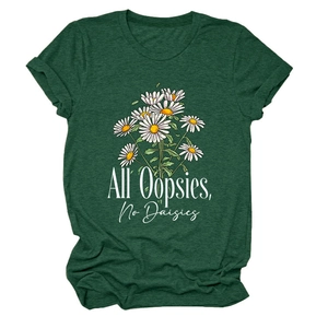 Detail of forest green crewneck T-shirt with daisy print and All Oopsies slogan