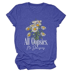 Detailed view of the All Oopsies No Daisies floral print on a heather blue cotton T-shirt