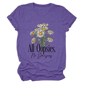 Detailed close-up of daisy cluster print and All Oopsies No Daisies text on purple T-shirt