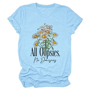 Sky blue cotton t-shirt featuring All Oopsies No Daisies print and daisy graphic