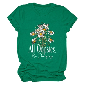 Close-up of emerald green cotton t-shirt featuring All Oopsies No Daisies daisy print