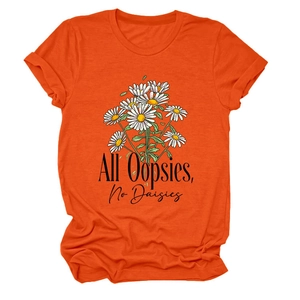 Detail of orange cotton T-shirt featuring All Oopsies No Daisies floral graphic print