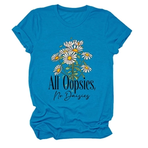 Detail of the sky blue cotton T-shirt with daisy illustration and slogan print