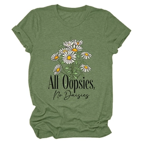 Close-up of All Oopsies No Daisies print and daisy illustration on green cotton T-shirt