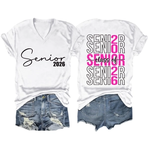 Detail of Class of Senior 2026 print on V-neck white T-shirt with frayed denim shorts