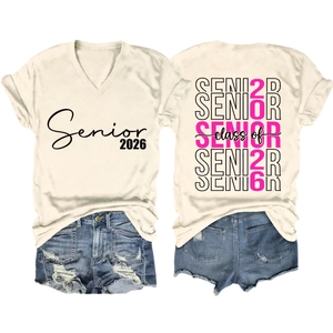 Flat lay of a V-neck t-shirt and ripped denim shorts with Class of Senior 2026 prints