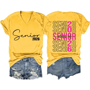 Front and back detail of V-neck yellow Senior 2026 cotton tee with stylish print