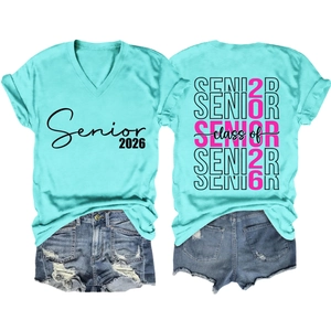 Front and back view of a mint green V-neck Class of Senior 2026 graduation t-shirt
