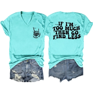Detail of mint green V-neck T-shirt with Sassy Mom print and back text slogan