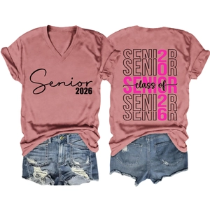 Detailed front and back views of V-neck Class of 2026 Senior t-shirt in rose pink