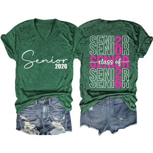Front and back view of V-neck Class of Senior 2026 T-shirt with denim shorts set